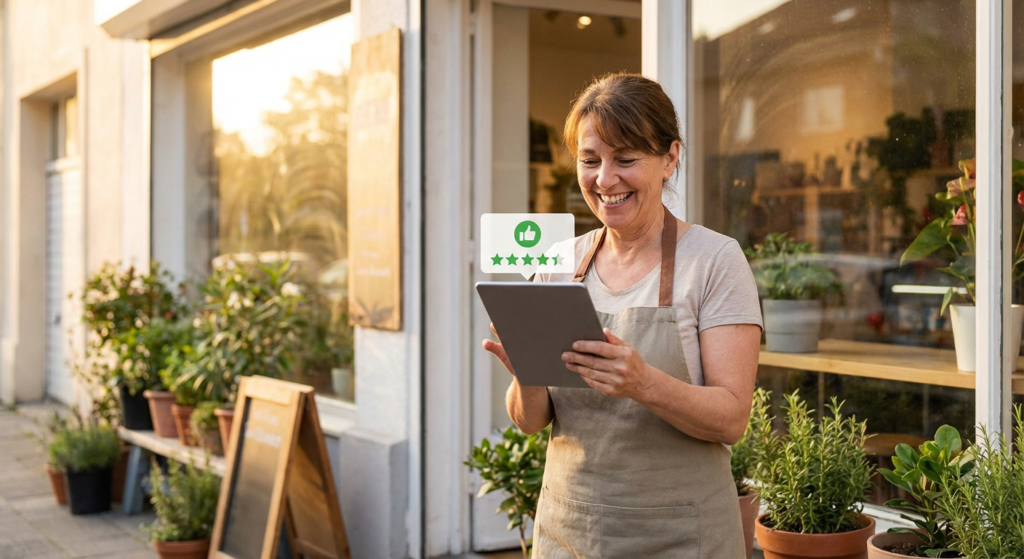Commercant satisfait consultant ses avis Google positifs sur tablette