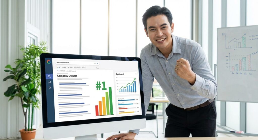 homme poing leve devant ecran Google position 1 colore, traduit referencement naturel agence SEO Lyon
