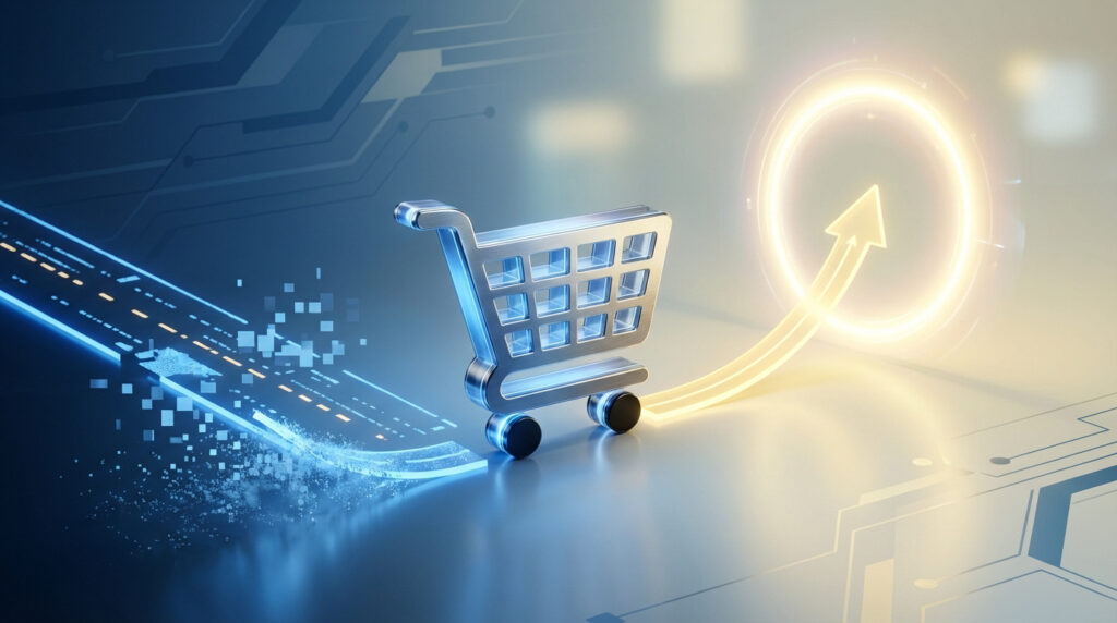 Icône de panier d'achat numérique sur fond bleu et doré, avec flèche de croissance symbolisant l'optimisation de conversion.