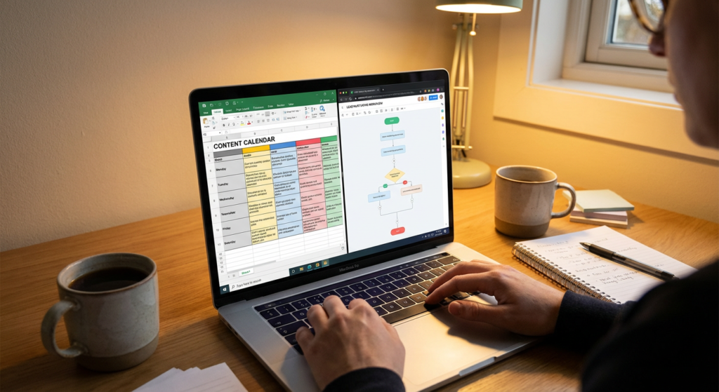 Spécialiste en content marketing créant un calendrier de nurturing