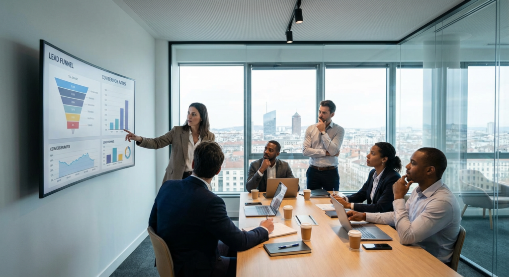 Équipe inbound marketing Rankit analysant un tableau de bord de leads à Lyon