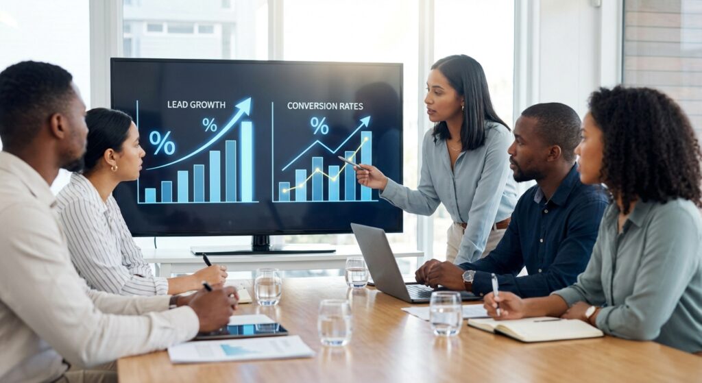 Réunion professionnelle analyse des résultats de génération de leads