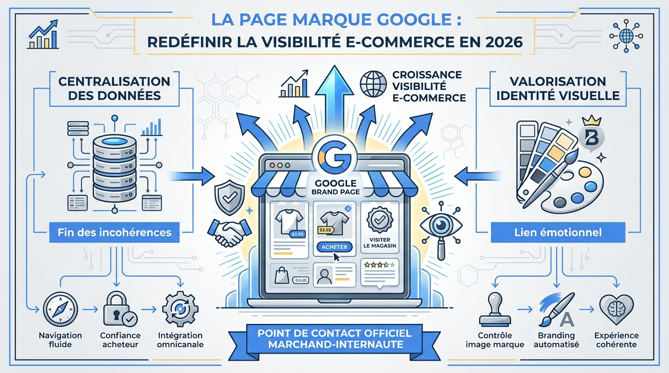 Interface de la Page Marque Google Shopping montrant la vitrine officielle d'un e-commerçant