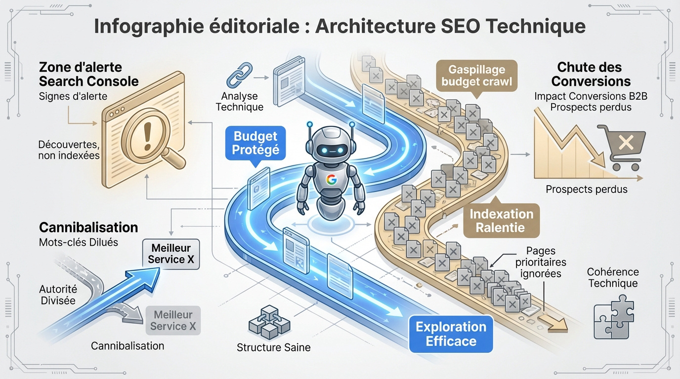 Infographie détaillant l'architecture technique et la performance SEO pour l'optimisation du budget de crawl