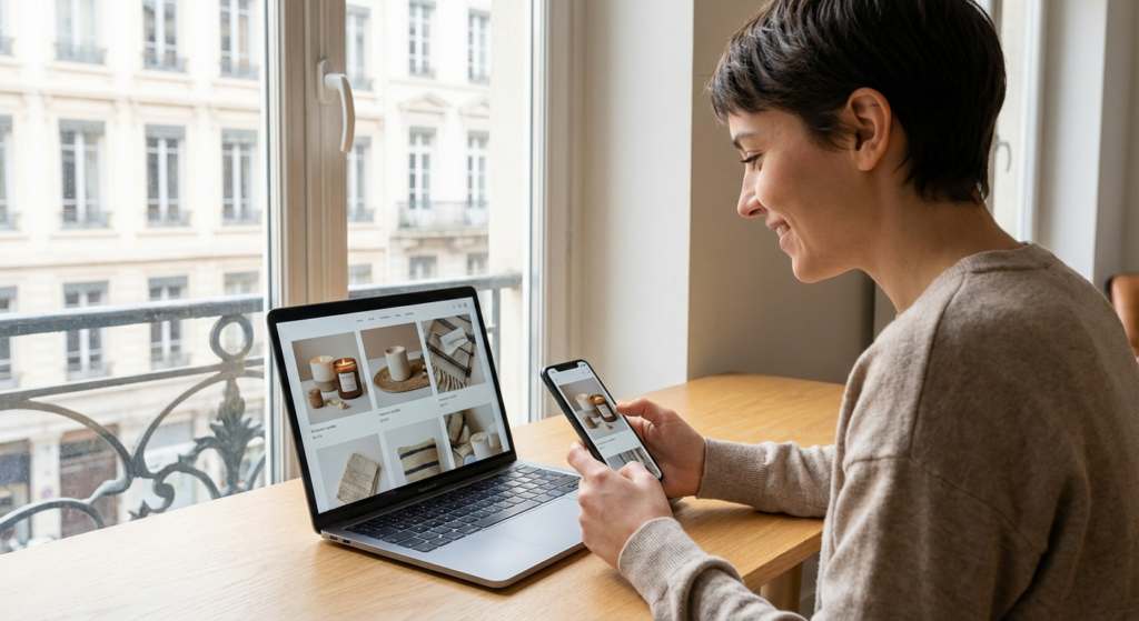 Lancement boutique en ligne Lyon - entrepreneur vérifie son e-commerce sur mobile et desktop