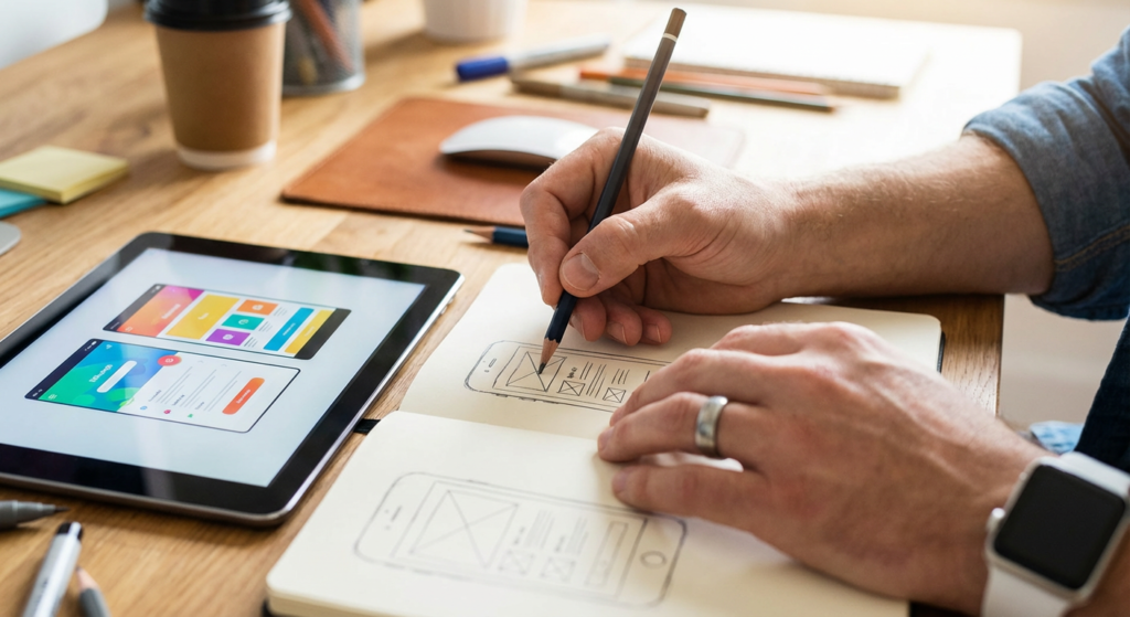 Mains de designer esquissant des wireframes application mobile avec tablette montrant maquette UI