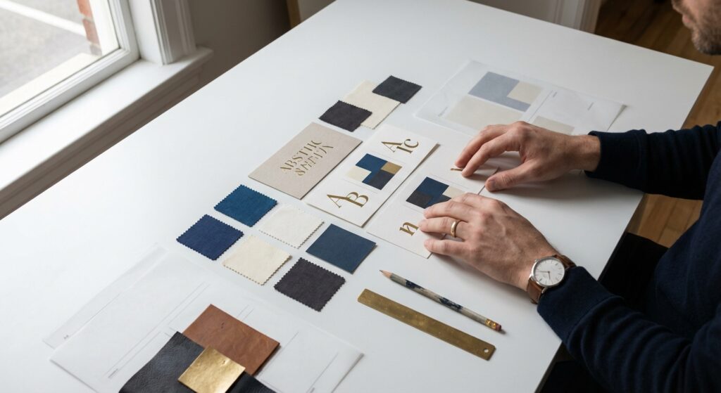 Mains de directeur artistique disposant des echantillons typographiques et palettes sur bureau