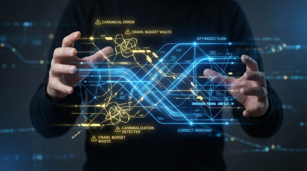 Mains interagissant avec une interface holographique. Elle montre des erreurs SEO (canonique, budget de crawl) et des flux d'indexation optimisés.