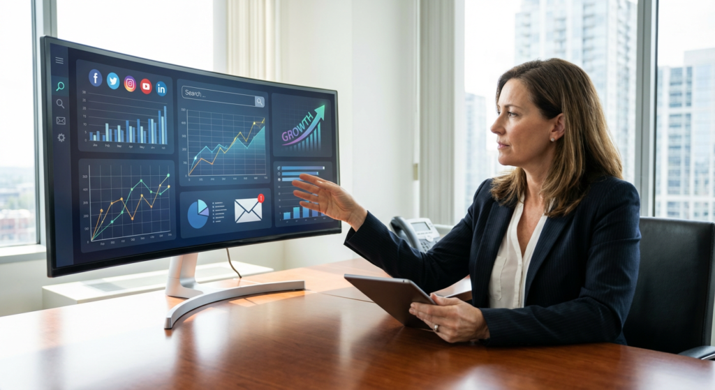 Directrice marketing analysant les résultats de la stratégie de communication multi-canal