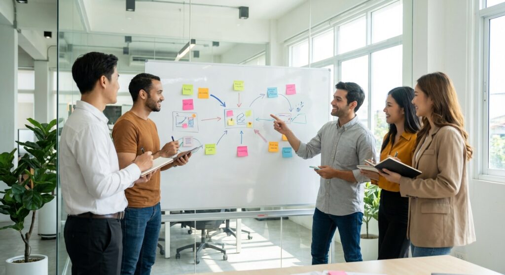 Equipe marketing digital elaborant une strategie SEO pour entreprise strasbourgeoise