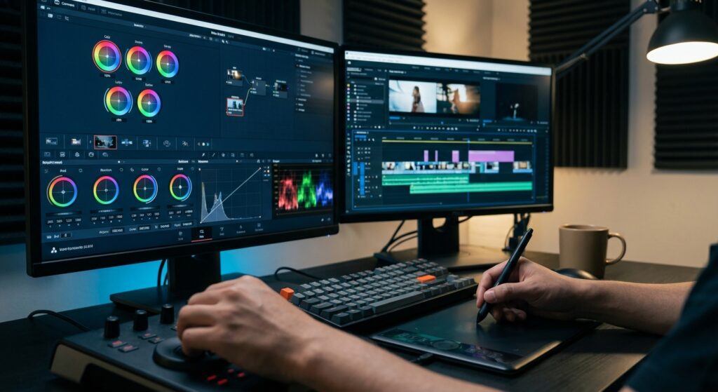 Monteur video professionnel travaillant sur le montage et l etalonnage sur double ecran