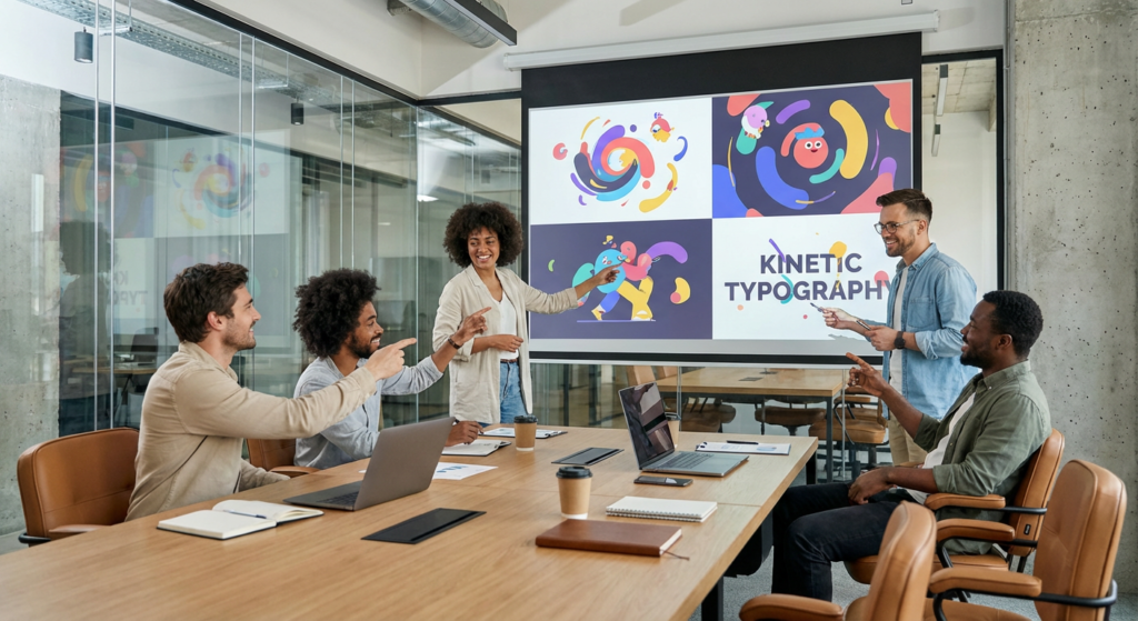 Équipe créative analysant les animations et transitions d'un projet motion design sur grand écran