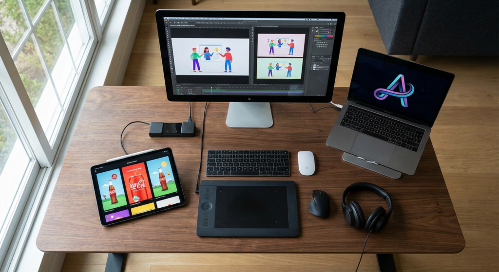 Livrables motion design finaux affichés sur plusieurs écrans : vidéo, GIF, Lottie et réseaux sociaux