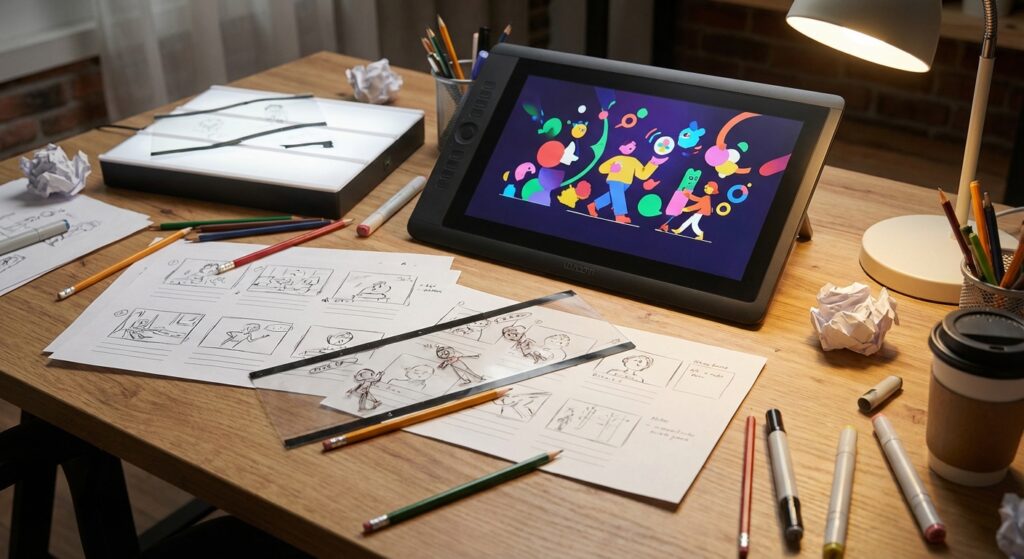 Storyboard et croquis de préparation pour un projet de motion design avec moodboard couleurs
