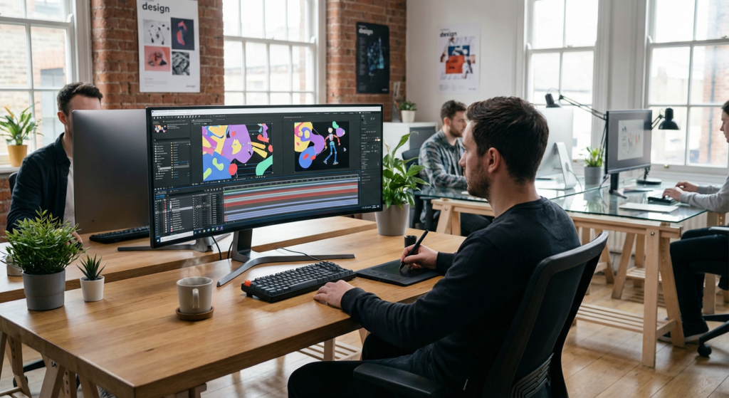 Motion designer Rankit créant une animation vidéo professionnelle dans notre studio à Lyon