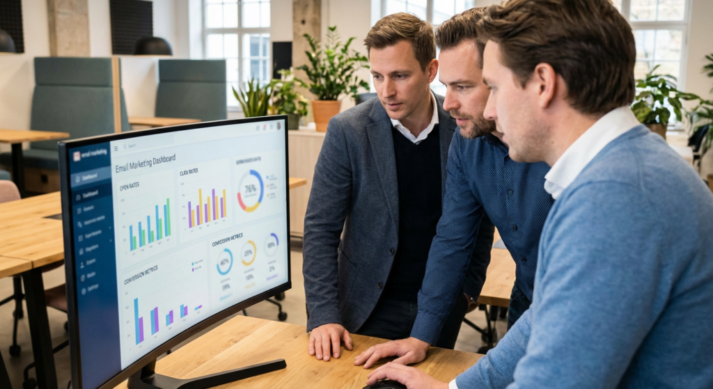 Équipe marketing analysant les performances de campagnes email et taux ouverture