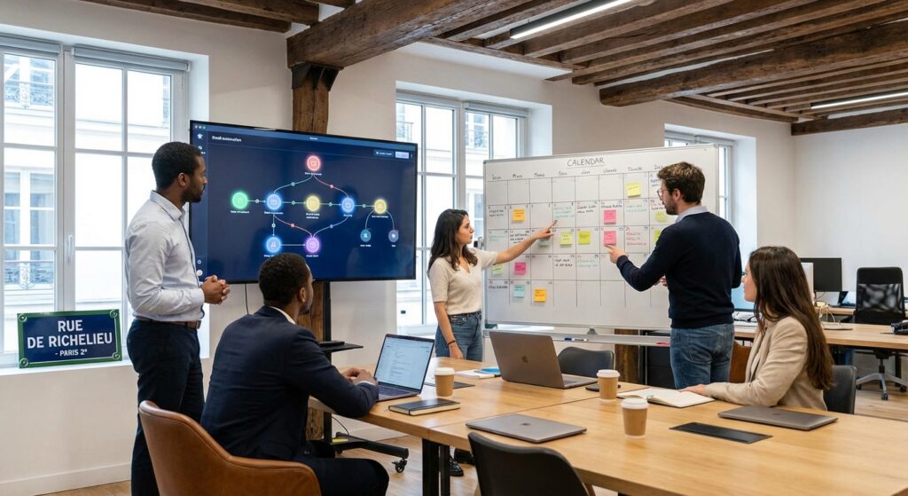 Workflow automation email marketing sur écran avec calendrier de campagnes