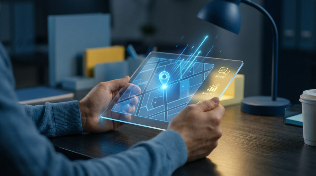 Personne manipulant une tablette holographique affichant carte, repère de localisation, flèches de croissance, icônes Reviews et Analytics.