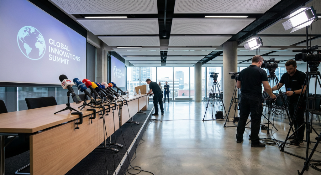 Préparation conférence de presse professionnelle avec micros et setup média