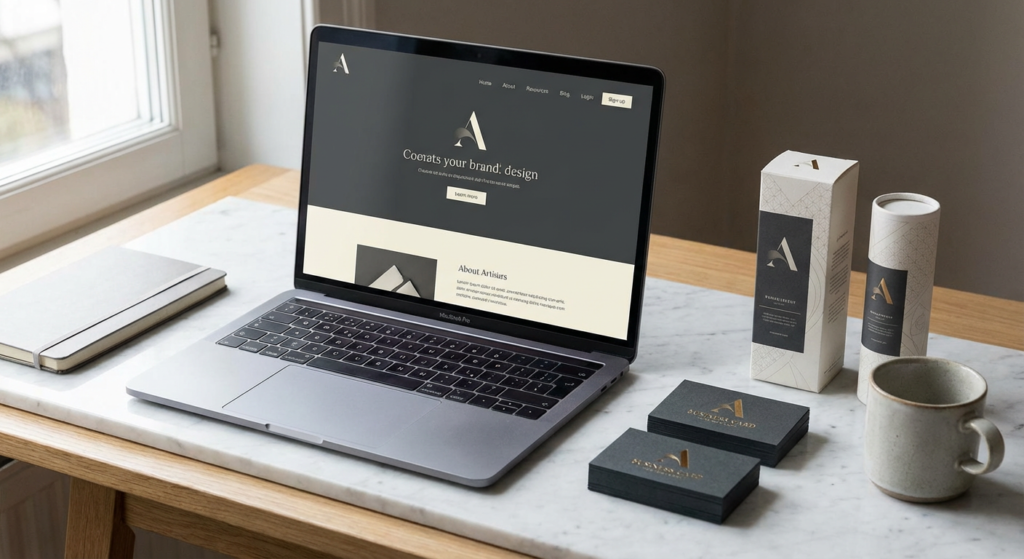 Presentation de marque elegante montrant une identite visuelle coherente sur differents supports