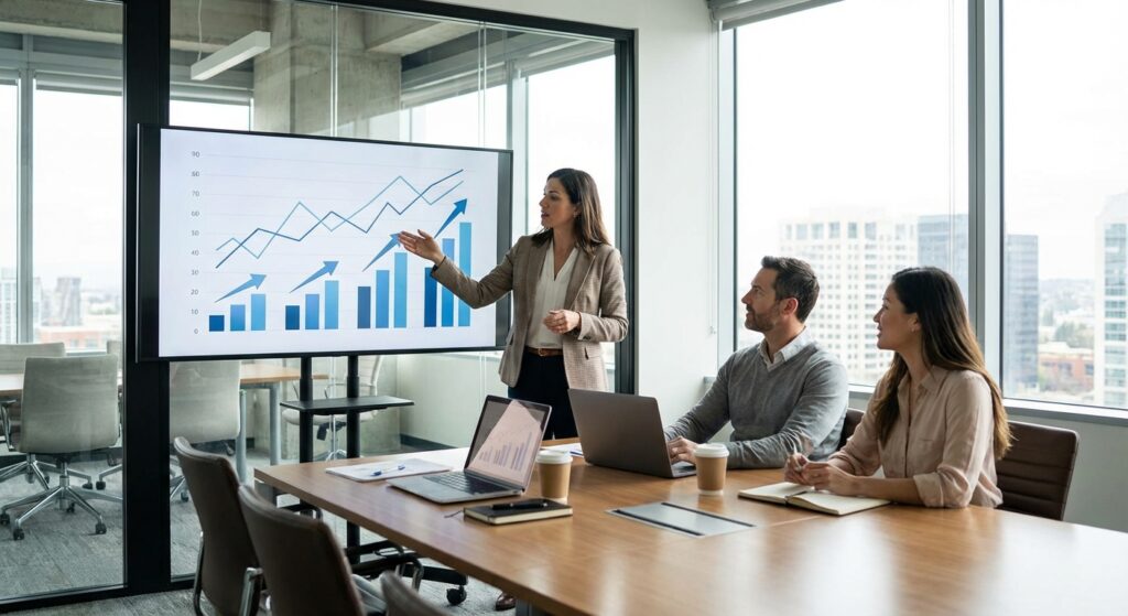 Presentation des resultats de strategie de contenu a un client en reunion