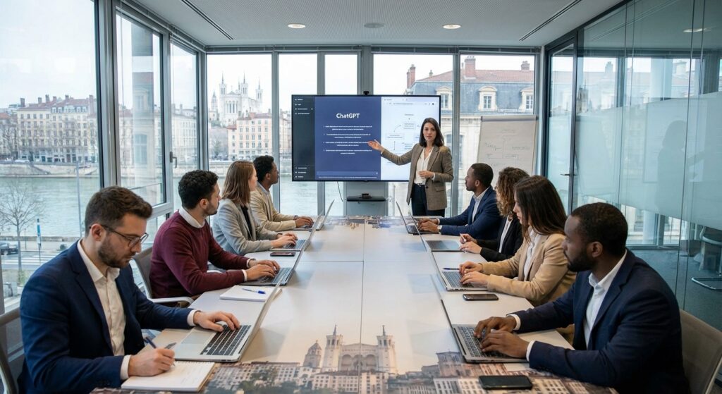 Formateur IA animant une session de formation sur ChatGPT et les outils d'intelligence artificielle