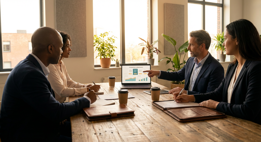 Réunion professionnelle pour évaluer le budget d'un projet de site internet