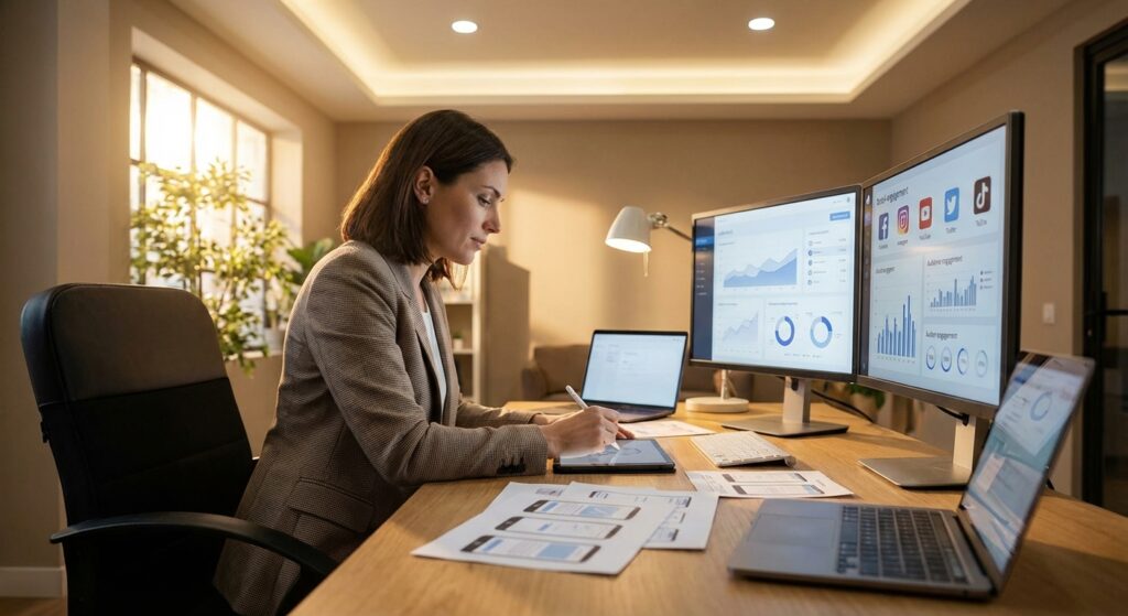 Consultante en stratégie de communication digitale planifiant une campagne multi-canal