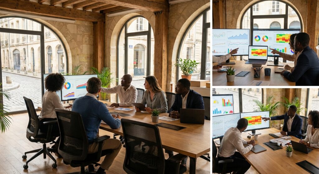 Equipe agence SEO Bordeaux analysant les performances de referencement naturel