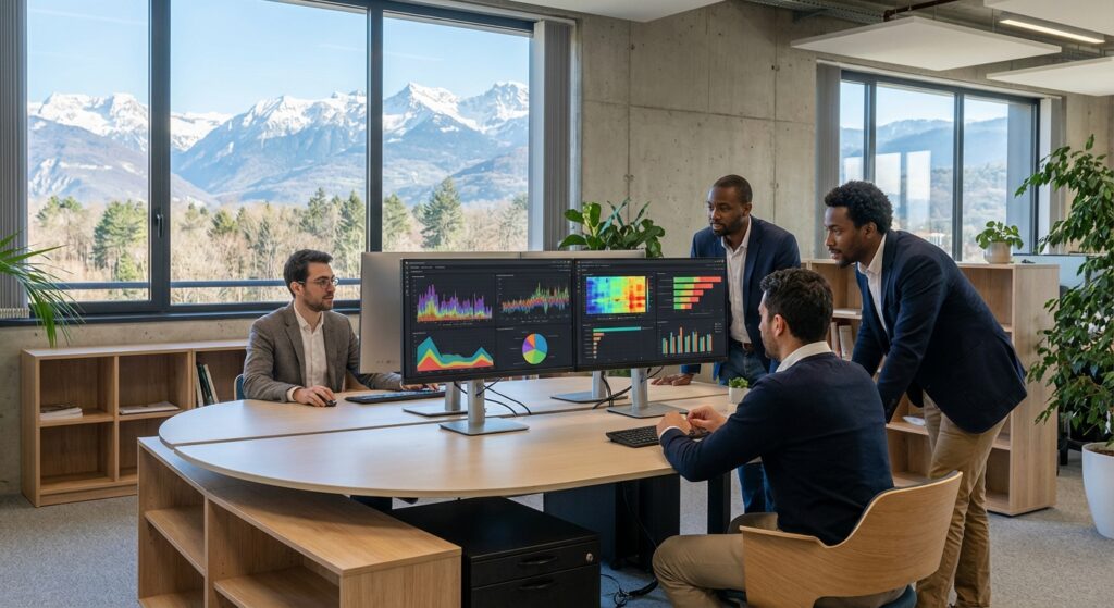 Equipe agence SEO Grenoble analysant les performances de referencement naturel