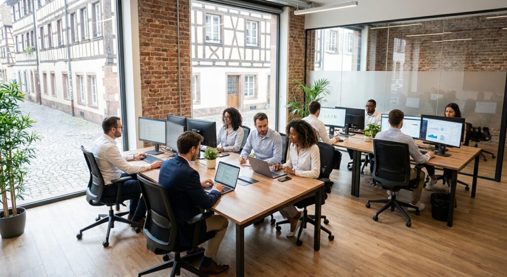 Equipe agence SEO Strasbourg analysant les performances de referencement naturel