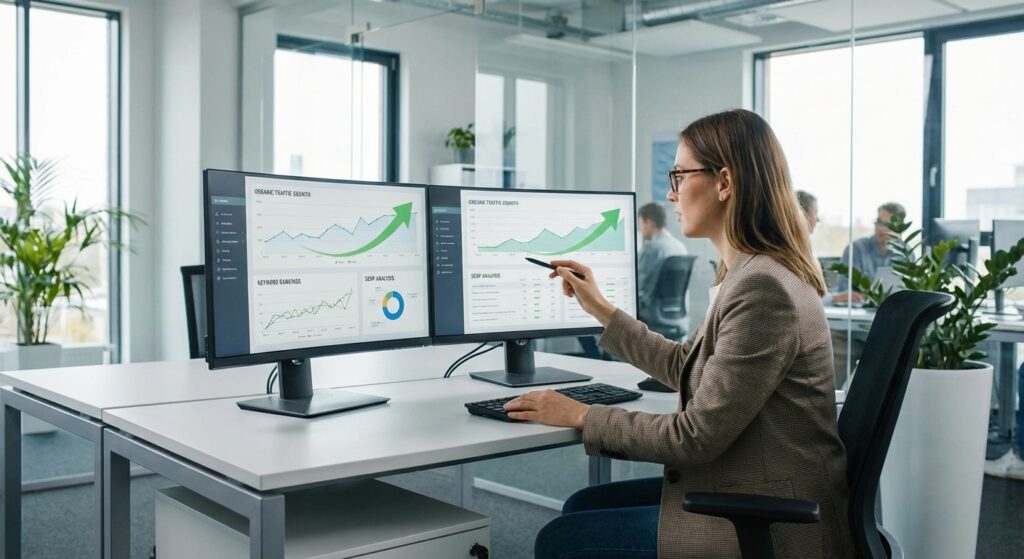 Expert SEO analysant les positions Google pour améliorer le référencement