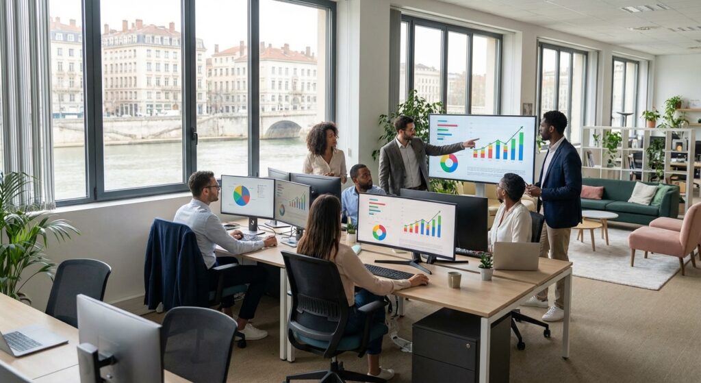 Equipe SEO professionnelle optimisant le referencement Google dans un bureau moderne a Lyon