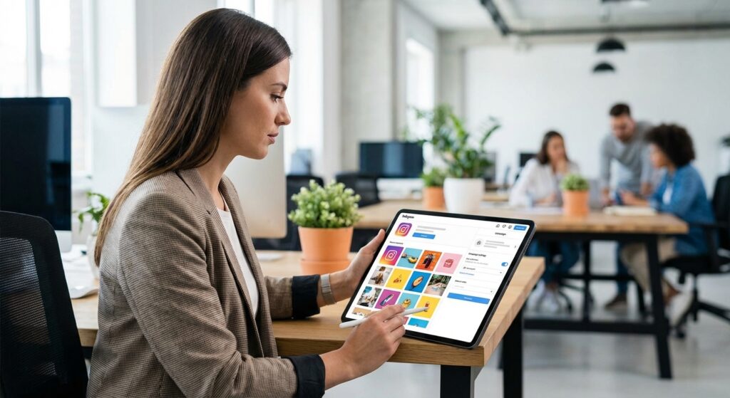 Social media manager planifiant une campagne publicitaire Instagram sur tablette