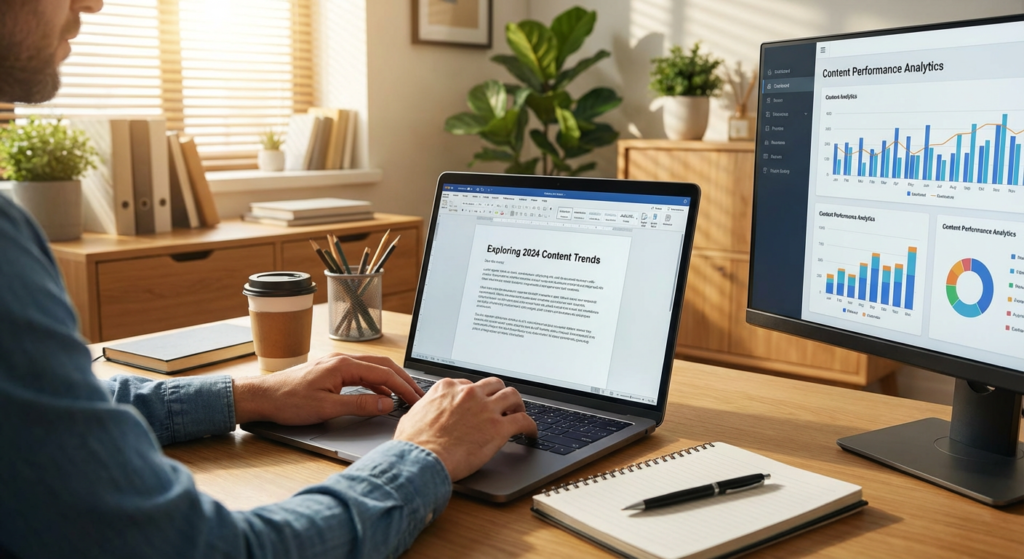 Rédactrice web créant un article de blog optimisé SEO