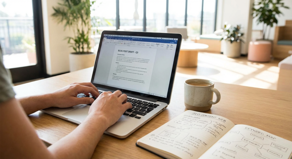 Rédactrice web créant un article de blog optimisé SEO