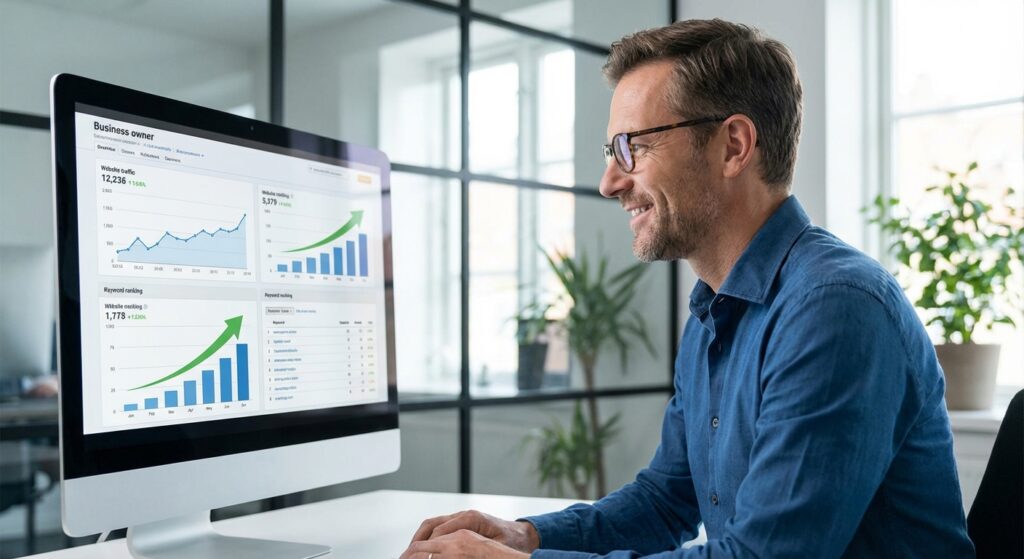 Resultats de campagne SEO a Rennes avec courbes de croissance