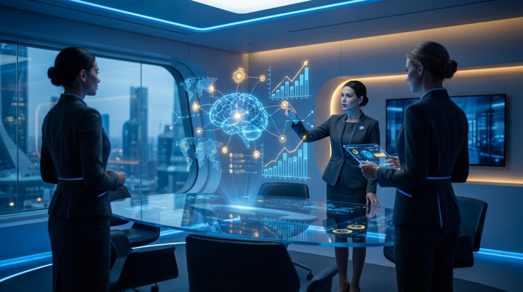 Trois femmes d'affaires dans une salle futuriste, interagissant avec un écran holographique d'IA et des graphiques de données.