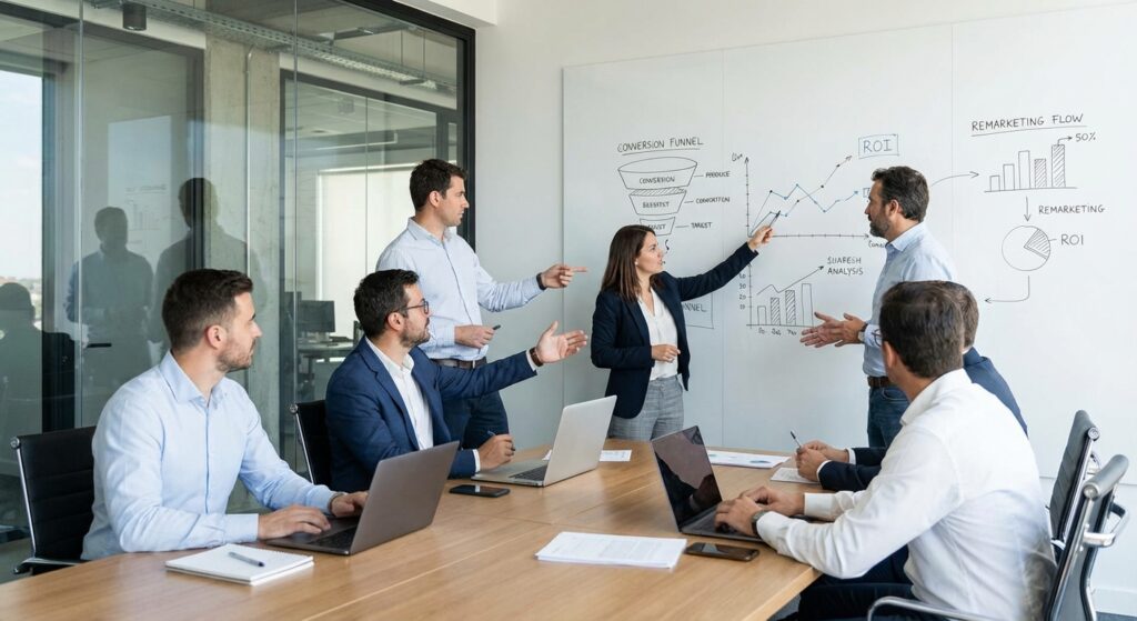 Réunion stratégique remarketing avec analyse du retour sur investissement publicitaire