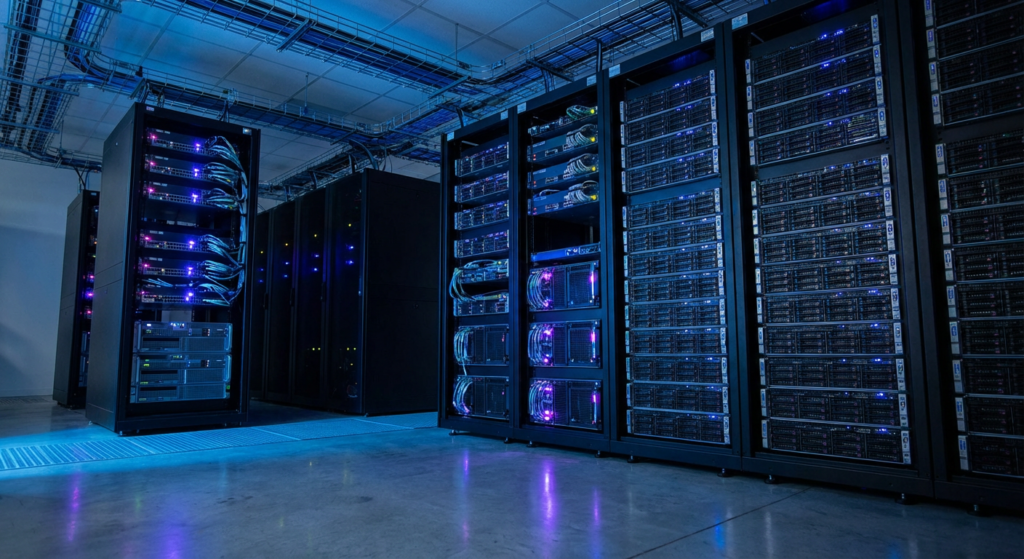Salle serveur hébergeant des sites WordPress avec éclairage LED bleu