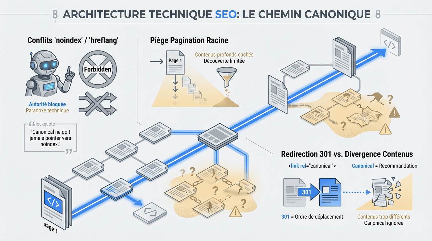 Schéma technique illustrant le fonctionnement d'une balise canonical pour le SEO