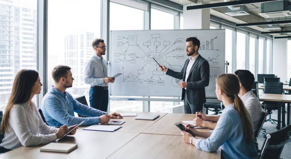 Formateur SEO présentant une stratégie de référencement à des professionnels
