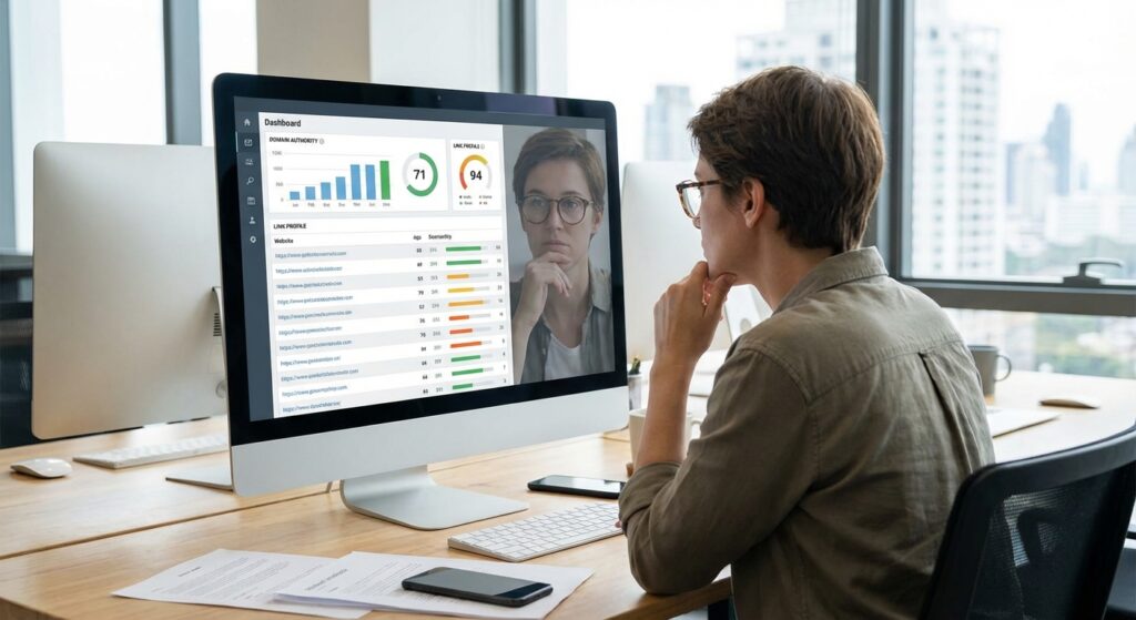 Specialiste SEO analysant un profil de backlinks sur ecran