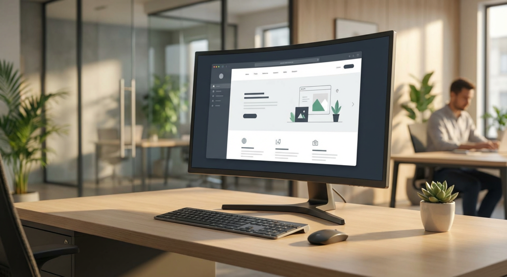 Site internet professionnel affiché sur écran dans un bureau moderne