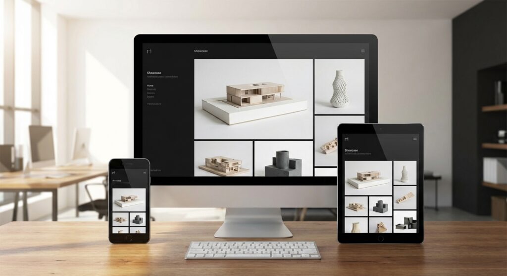 Site vitrine responsive affiché sur desktop, tablette et smartphone