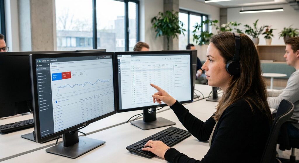 Spécialiste gérant une campagne Google Ads sur double écran