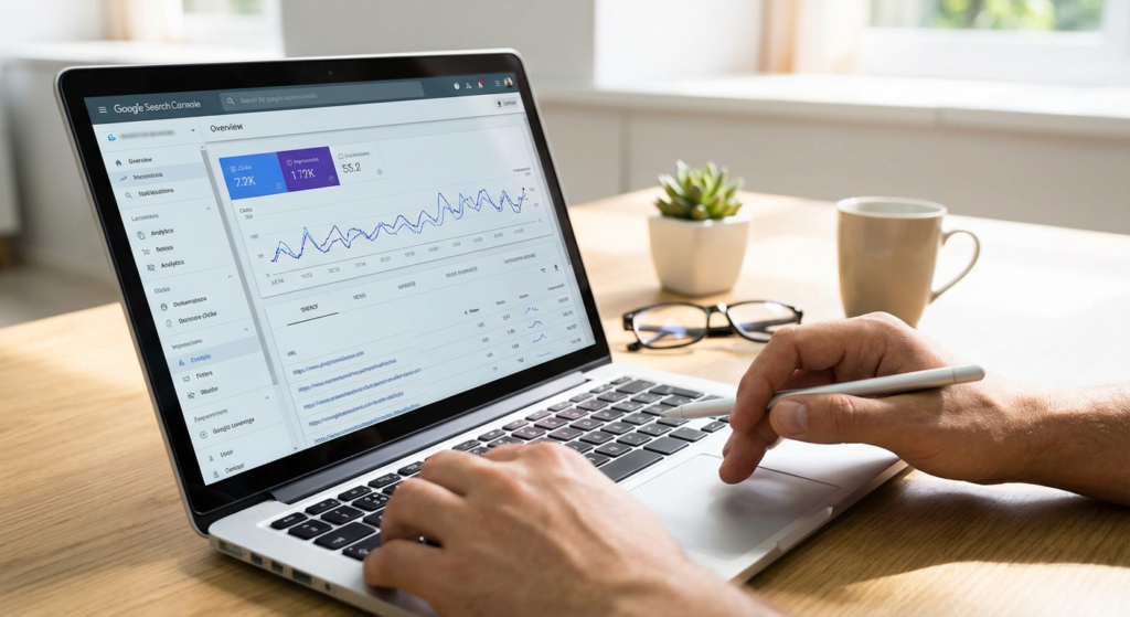 Spécialiste marketing analysant les données Search Console et les positions SEO
