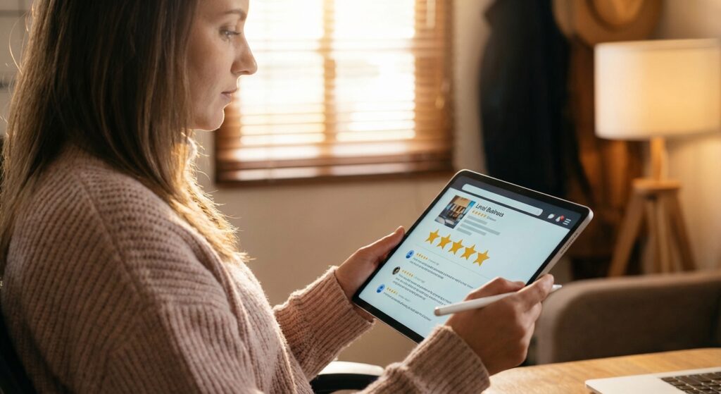 Spécialiste optimisant une fiche Google Business Profile avec avis clients sur tablette