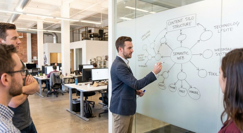 Stratège SEO dessinant une architecture de cocon sémantique sur tableau blanc