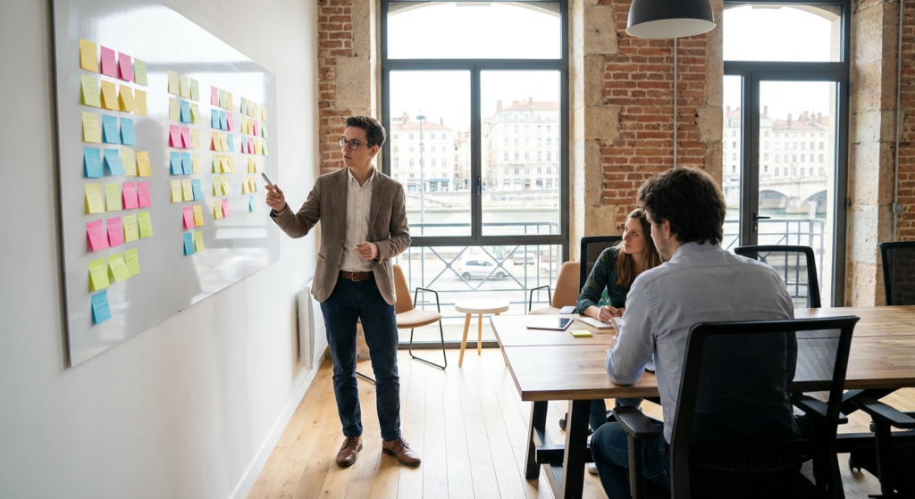 Strategiste de contenu planifiant un calendrier editorial en agence a Lyon